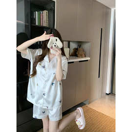 魔西女王夏季新款睡衣女凉感亲肤缎面蝴蝶冰丝短袖短裤家居服套装