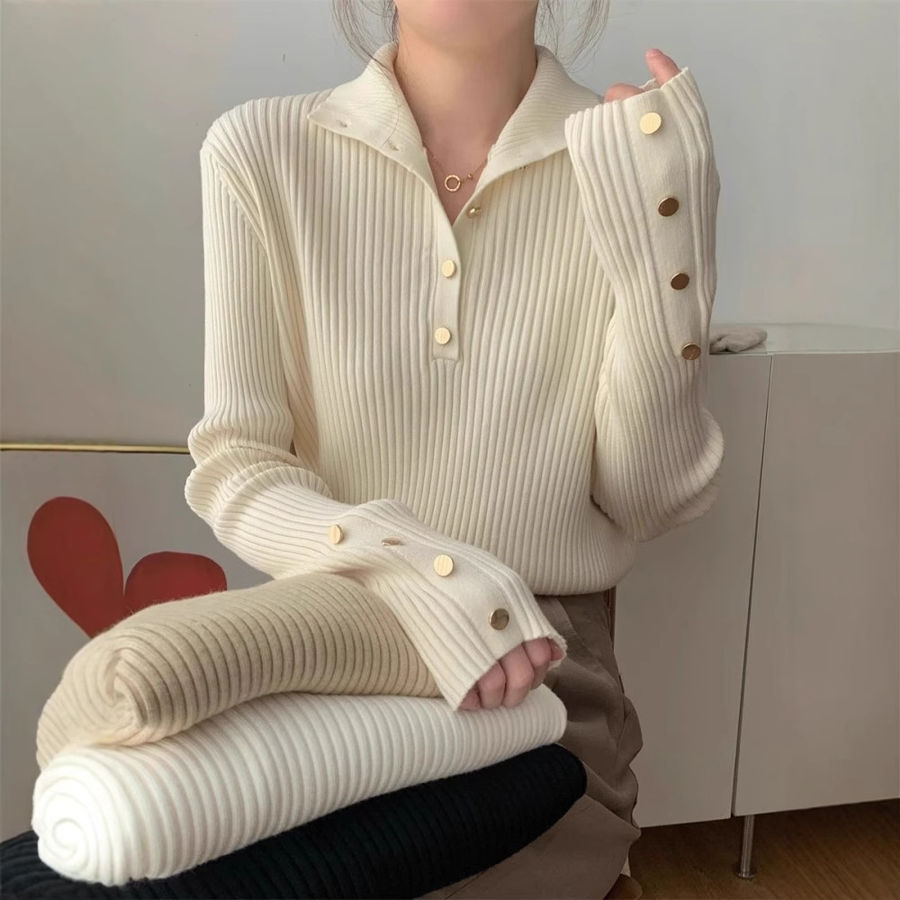 坑条纹高领纽扣打底衫女秋冬小香风内搭高级感上衣修身毛衣针织衫