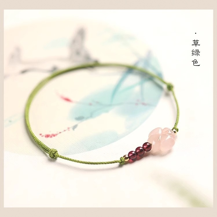 Pink Crystal Four-leaf Clover Bracelet Women's Red Rope Bead Horse Powder Fine Life Year Hand Rope Bracelet