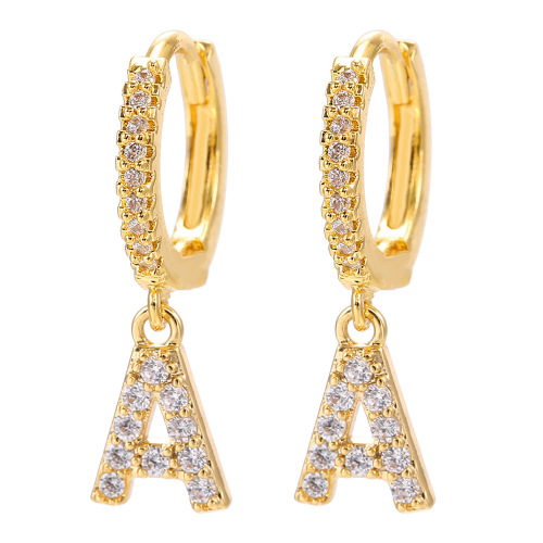 Singers jazz dance latin dance stage performance gold-plated 26 letter zircon earrings, niche bling earrings, exquisite ear clips ear rings, ear buckles 