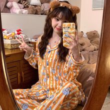 卡通i纹酷儿睡衣女春秋季长袖精梳棉纱布少女学生家居服一件代发