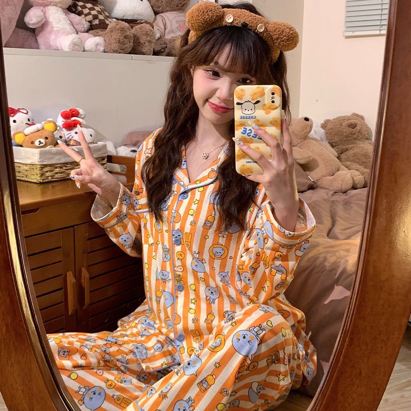 卡通i纹酷儿睡衣女春秋季长袖精梳棉纱布少女学生家居服一件代发