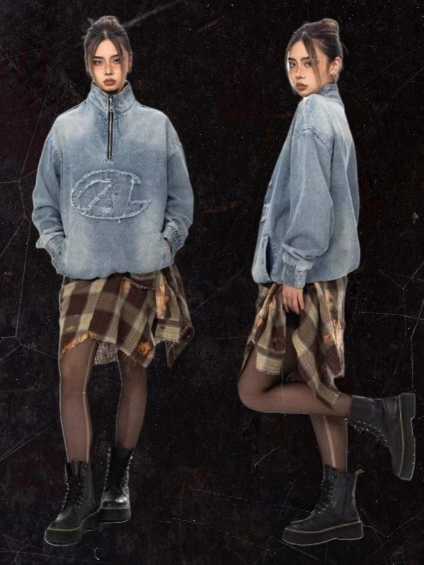 demi-season retro denim sweatshirt with zipper
