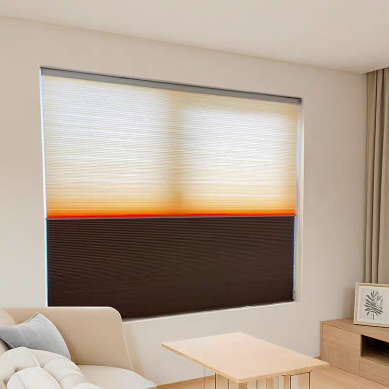 Electric Day and Night Honeycomb Blinds, No-Drill, Full Blackout, Foldable, Gradient, for Bedroom Bay Windows, Double-Row Manual Sunset-Colored Curtains