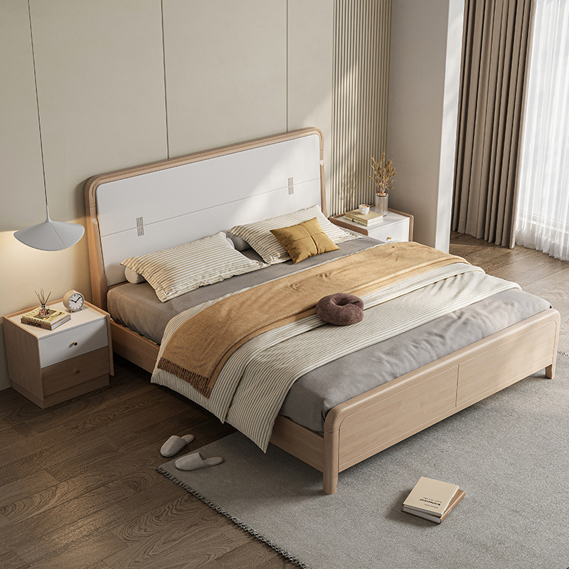 Cama de madera maciza 1,8 m dormitorio principal cama doble 1,5 m dormitorio secundario registro nórdico cama individual hogar crema estilo cama de madera maciza
