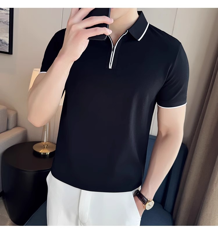 "Men's Slim-Fit Zip Polo Shirt – Breathable Cotton Short Sleeve With Embroidered Detail, Business Casual Summer Top (3 Colors, Sizes M-XXXXL)"_viptrois.com