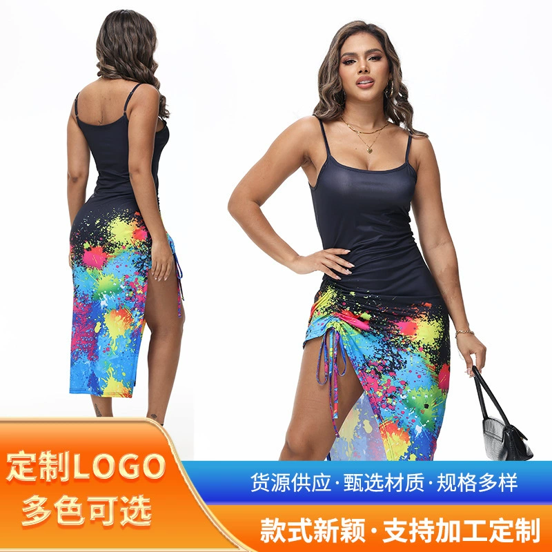Европейская и американская внешняя торговля цифровая печатная стройная сексапильная веревка с регулируемой складкой юбка высокого уровня длинная юбка