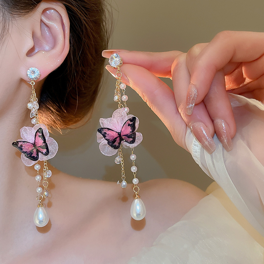 Pendientes de borla de flores de tela de aguja de plata Pendientes de estilo de vacaciones junto al mar