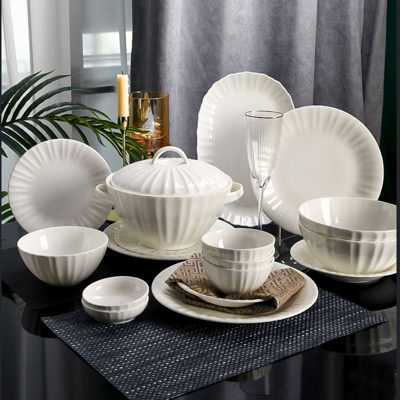 Bone China New Chinese Style Household Tableware Zen High Appearant Value Chinese Style Dishes suit Embossed Ceramic Bowl Housewarming