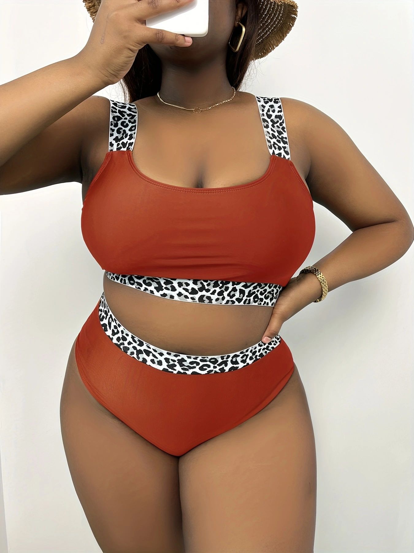 New European American Style Plus-Size Tank Top Bikini With Solid Color And Leopard Print, High-Waisted, Popular On_ecoleips.com