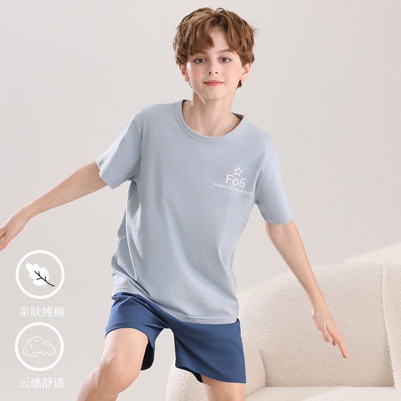 2026 New Children's Pajamas Boys' Pure Cotton Home Wear Boys' Short-Sleeve Air Conditioning Clothing Big Kids' Set Thin Summer Style