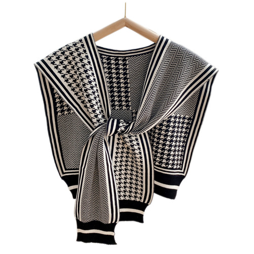 Black and white houndstooth plaid shoulder shawl spring and autumn outer knitted scarf for women, fashionable and versatile, decorative fake collar waistcoat