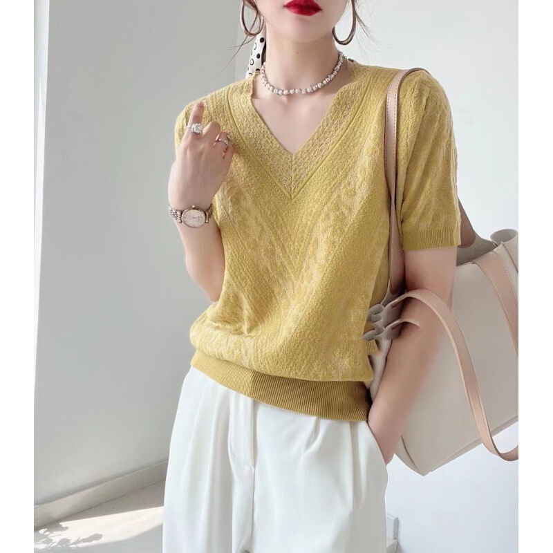 Ice Silk Knitted Shirt Short-sleeved V-neck T-shirt Women's 2023 Summer Top Women's Puff-sleeved Hollow Shirt Loose Slim-fit