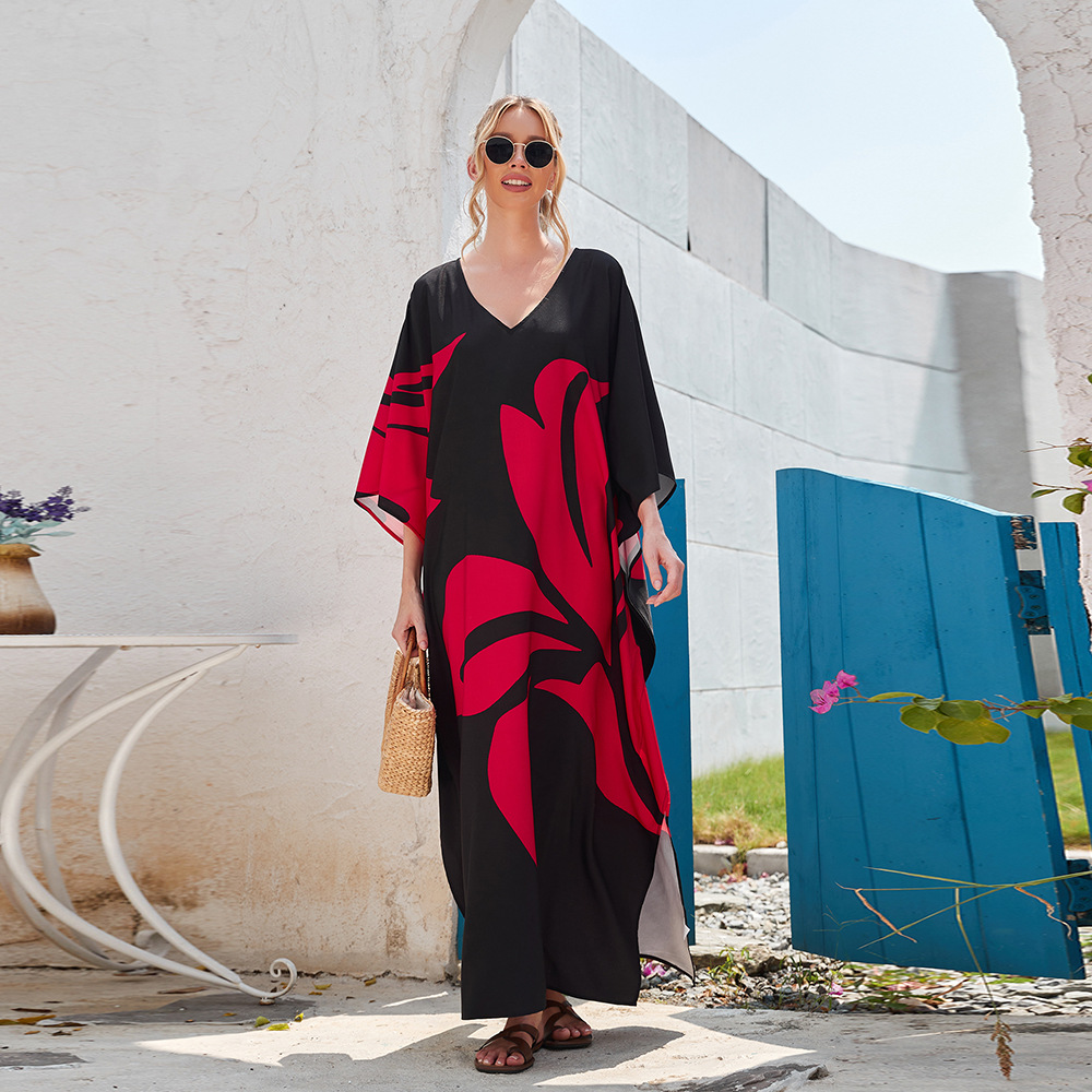 2 colores transfronterizos nuevo impreso manga Batwing bata suelta más tamaño vacaciones playa vestido bikini cubierta hasta 3907