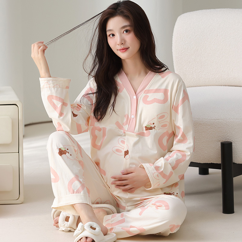 Pure Cotton Confinement Clothes with Breast Pads for Women in Autumn and Winter Postpartum Maternity Pajamas for Breastfeeding and Breastfeeding Home Clothes Set