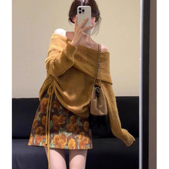 小个子穿搭一整套装2025秋季新款温柔气质露肩针织衫碎花半裙女装