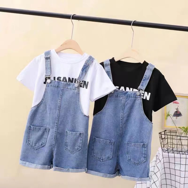 Girls' T-shirt suspenders pants suit summer new summer clothes big children's Denim shorts Korean style children's pants