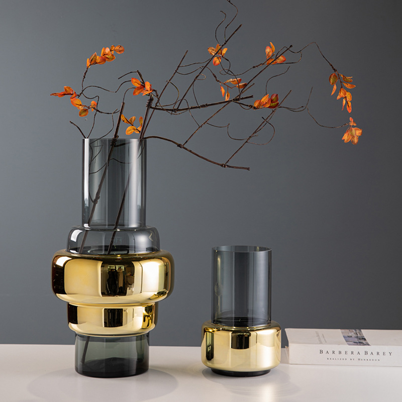 轻奢电镀金灰色极简玻璃落地花瓶设计师推荐软装饰品直筒插花摆件