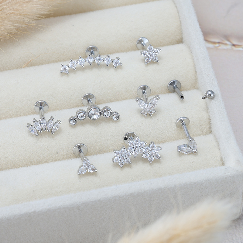 Stainless Steel + Copper Zircon Internal Thread Lip Piercing 16G Moon Cartilage Earring detail image 9