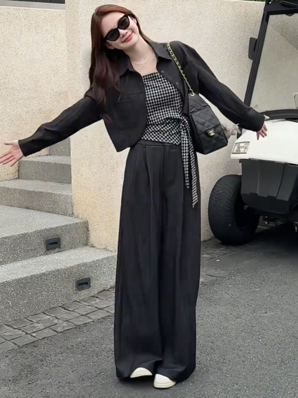 初秋超火穿搭一整套装女韩系气质松弛感格子背心外套阔腿裤三件套|undefined