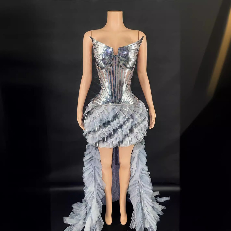 Spring Evening Girl Singer Evening Dress Sexy Silver One-Shoulder Tube Top Design Sleeveless Mesh Pleated Casual Floor-Length