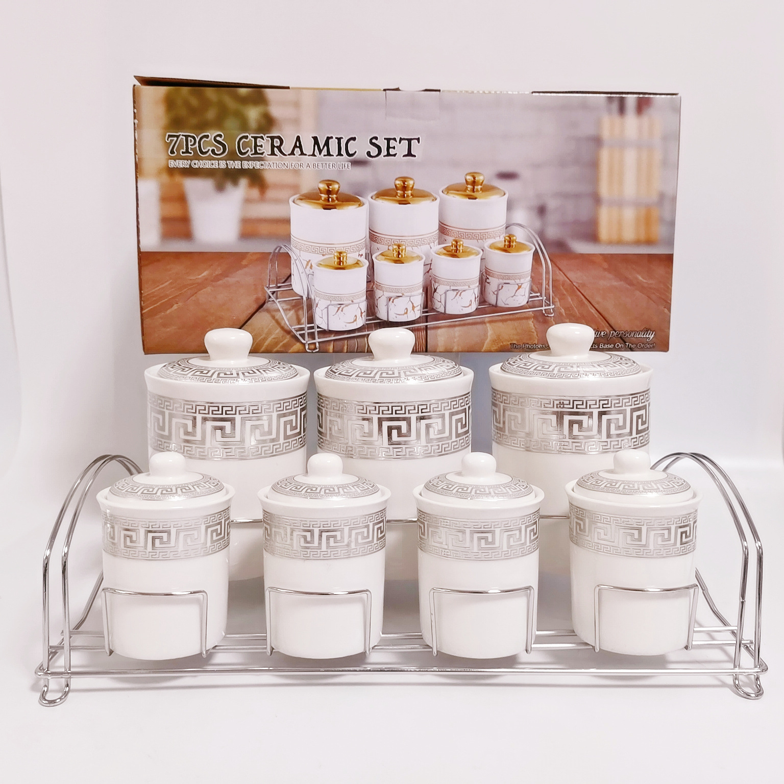 Exportar a Oriente Medio Arabia Saudita cerámica galvanoplastia cilíndrica condimento tarro almacenamiento café tarro con marco de hierro de doble capa