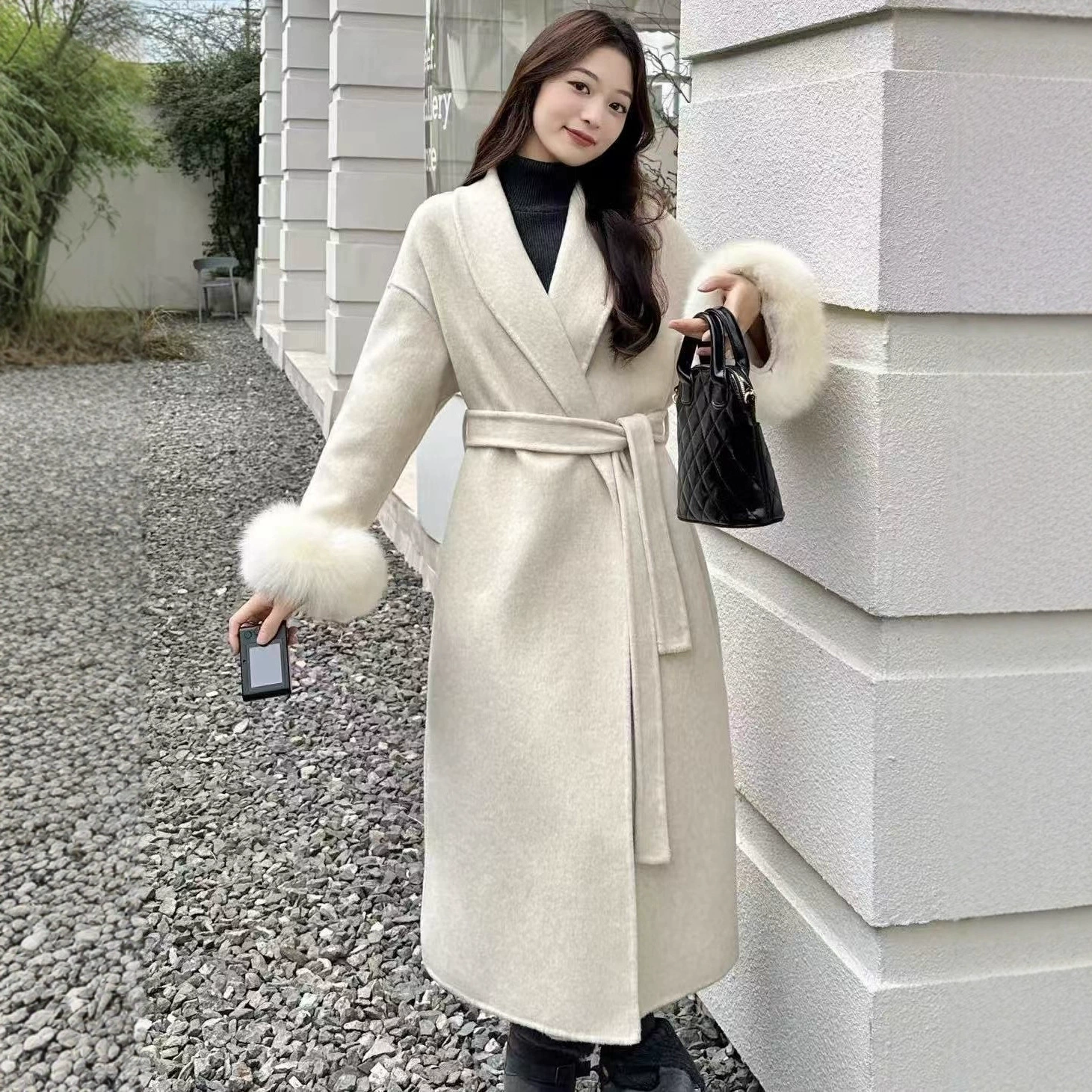 Классическое популярное длинное двустороннее пальто из чистой шерсти с мехом лисы для женщин, новое осенне-зимнее высококачественное шерстяное пальто для женщин