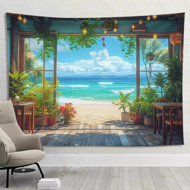 Japanese-Style Healing Seaside Scenery Background Cloth Ins Hanging Cloth Live Broadcast Background Wall Decorative Canvas Room Wall Cover-Up