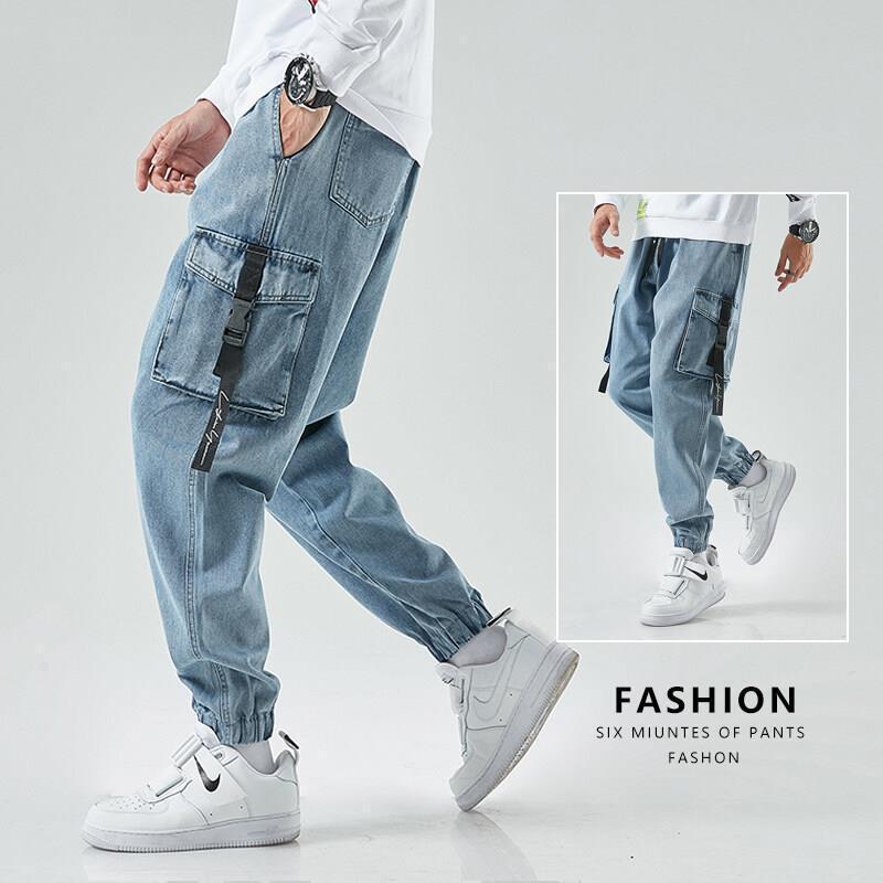 Autumn New Men's Cropped Pants Korean Style Trendy Fashion Brand Workwear Casual Jeans Men's Blue Black Cotton