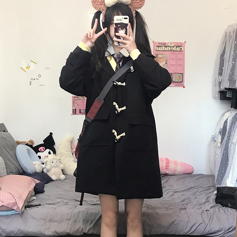 日系牛角扣大衣学院风小个子校供感jk制服夹棉加厚毛呢外套女秋冬