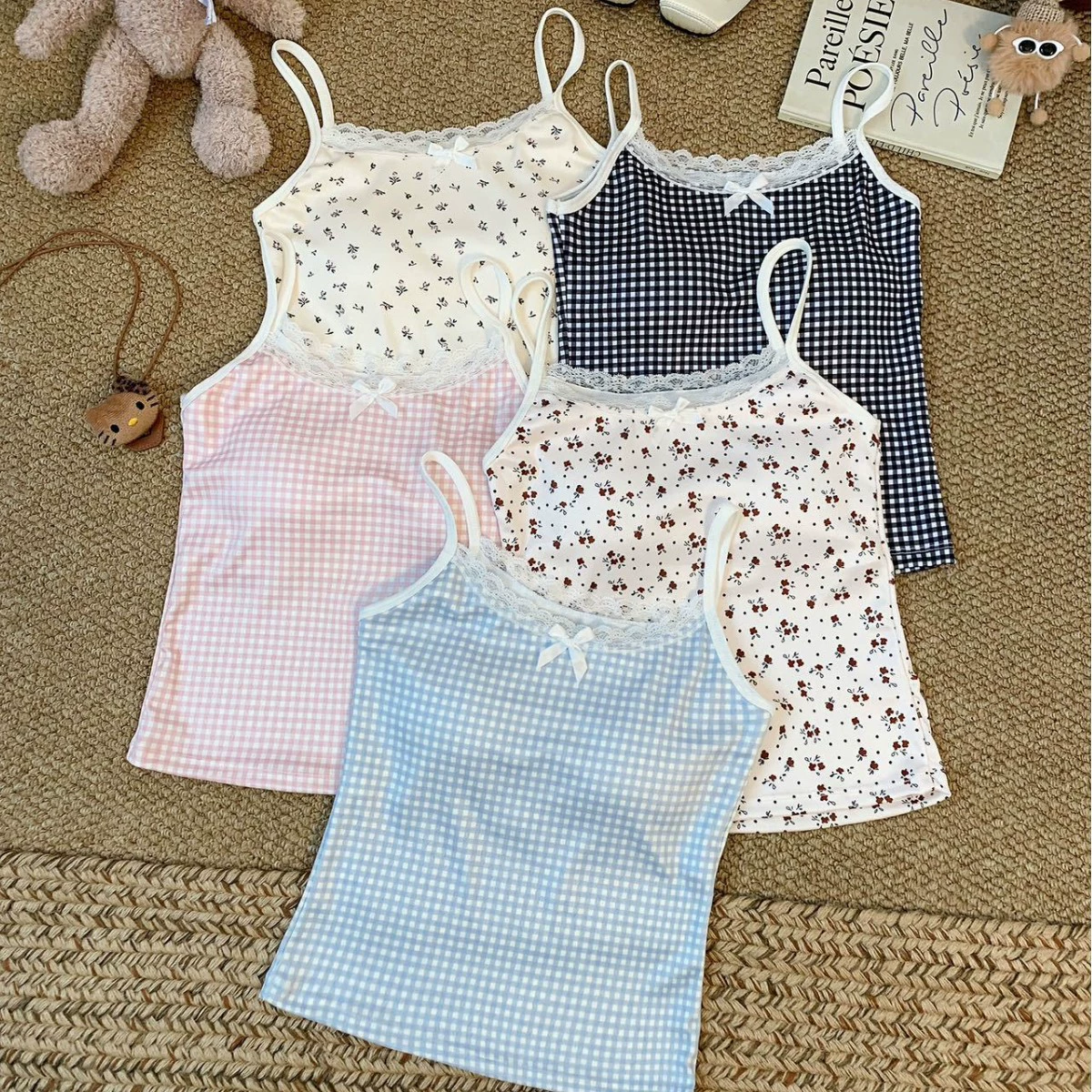 1931 Sweet Girl Pure Desire Style Кружевной топ с цветочным принтом Женский летний базовый слой Короткий топ с накладками на груди.