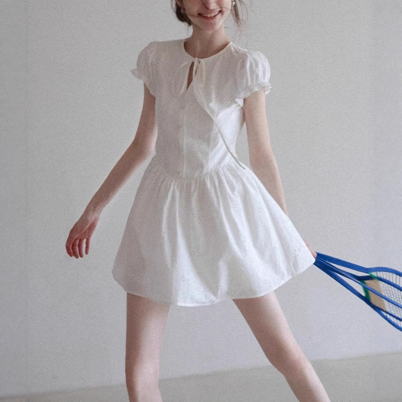 [in Stock] Eggk French Embroidery Heavy-Duty Short-Sleeve Dress for Women, New Summer Style, Youthful and Elegant, Slimming and Waist-Cinching