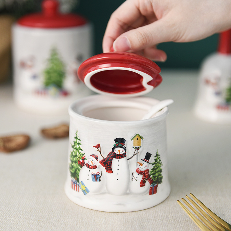 Tarro de condimento de cerámica de muñeco de nieve de Navidad de Nordic Country Tarro de condimento multifuncional Tarro de azúcar de cocina Tarro de sal con vajilla de cuchara
