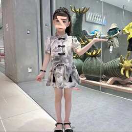 两件套童装时髦套装夏款洋气中大童装女孩水墨画汉服冰丝中国风潮