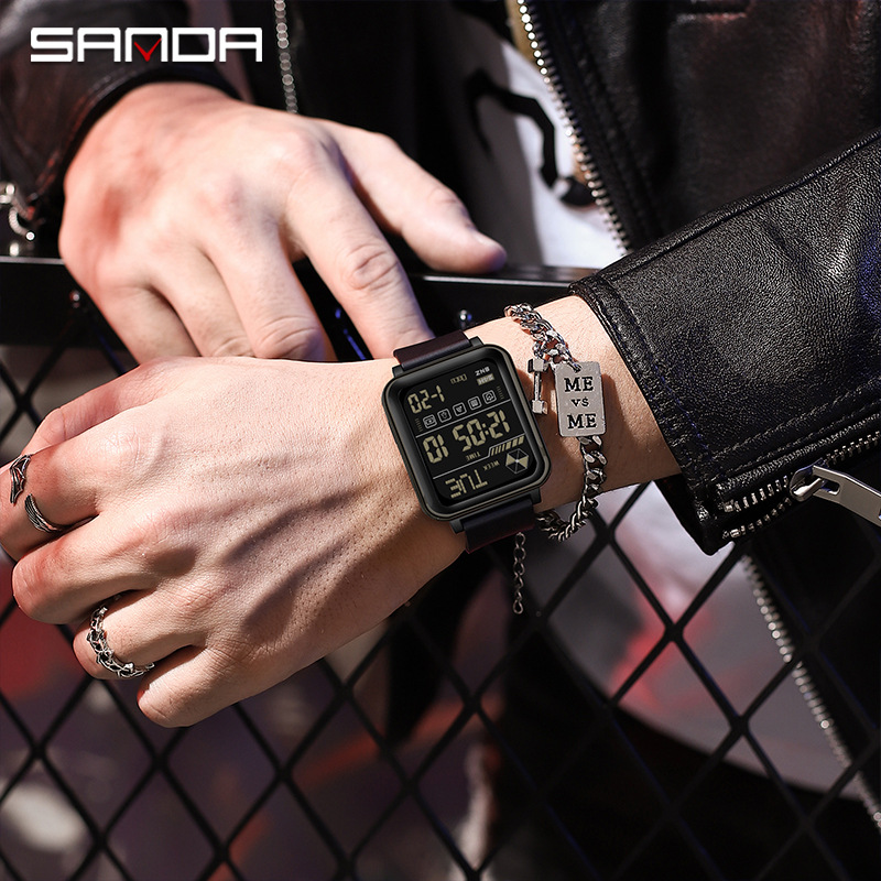 Sanda moda cuadrada personalidad reloj masculino y adolescente impermeable reloj electrónico multifuncional de luz nocturna