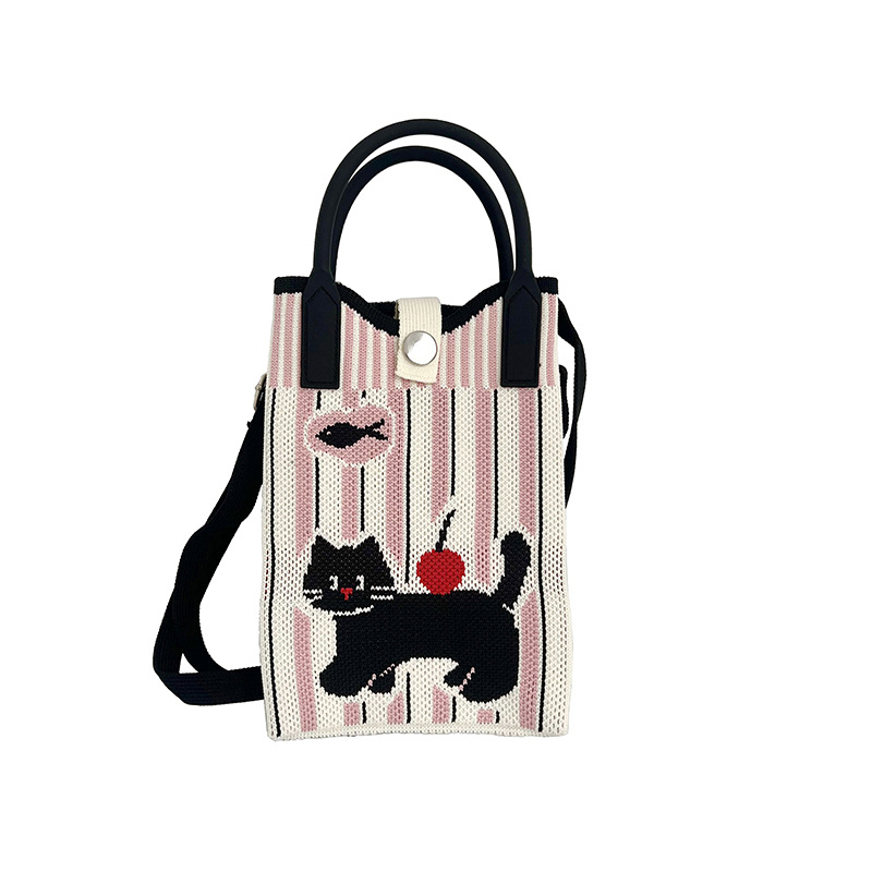 Bolsa de mochila, nicho de diseño, lindo bolso de teléfono móvil, gato de dibujos animados bolso de punto, bolso de mano, mini bolso de hombro de punto