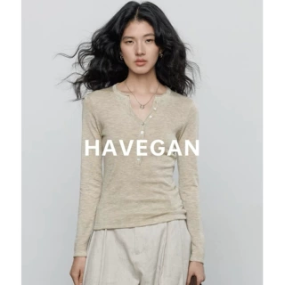 与间HAVEGAN/秋季亨利领长袖针织T恤女显瘦外穿含羊毛慵懒上衣