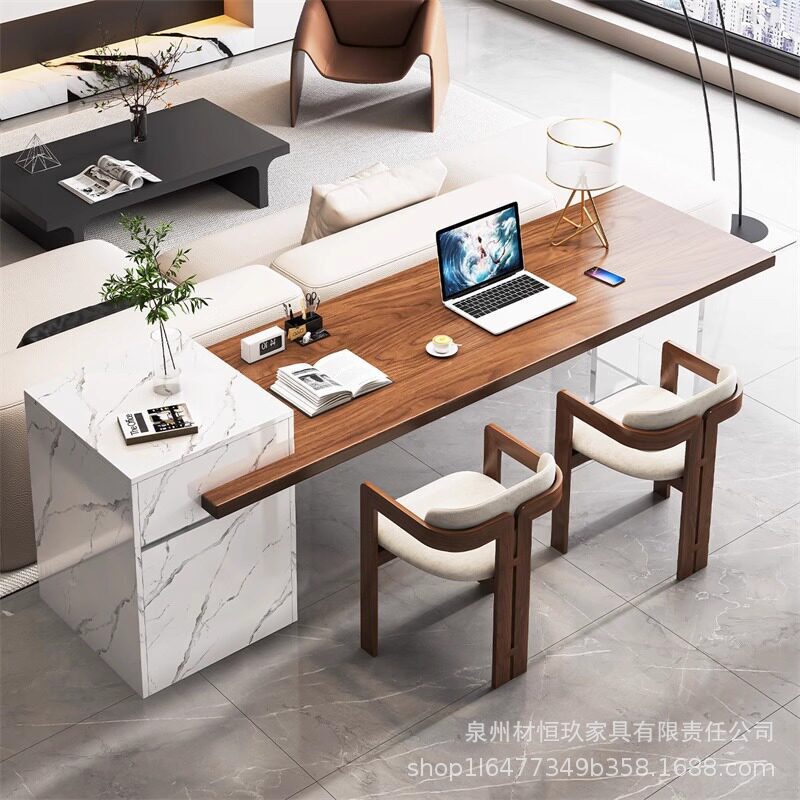 Solid wood desk and island table integrated for home use, long table behind the living room sofa, high-end double-person horizontal table with sockets, computer desk
