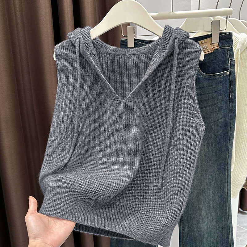 Source Knitwear Factory Simple Solid Color Hooded Knit Vest Short V-Neck Sleeveless Sweater Vest