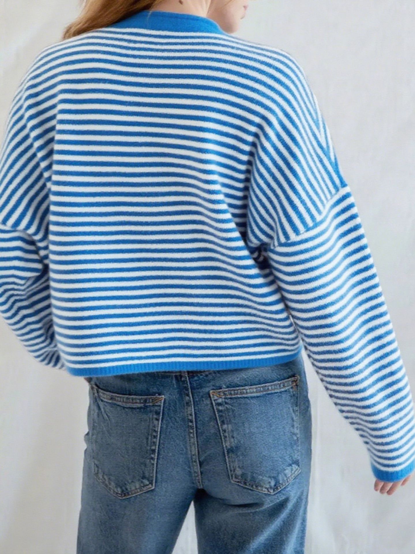 Women's Knit Striped Cardigan Casual Long Sleeve Round Neck Button Sweater Autumn Winter American Style Acrylic Polyester_ecoleips.com