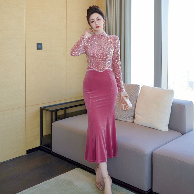 Spring New Women's Round Neck Slim Fit Sequined Velvet Dress Annual Party Fishtail Dress Long Dress 51528