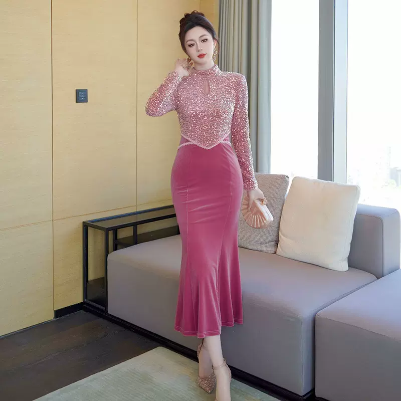 秋冬装新款女装圆领修身亮片丝绒连衣裙年会鱼尾礼服长裙51528