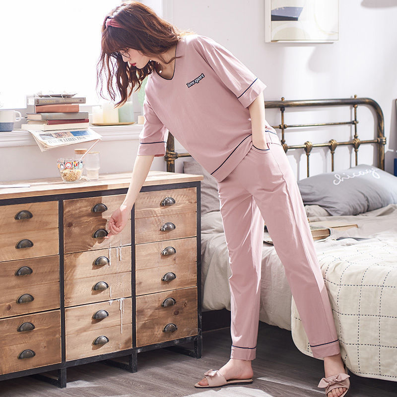 100% Cotton Pajamas for Women Summer Short-Sleeved Pants Two-Piece Set for Mothers and Ladies Cotton Home Clothes Spring & Fall Loose 100% Cotton Pajamas for Women Summer Short-Sleeved Pants Two-Piece Set for Mothers and Ladies Cotton Home Clothes Spring & Fall Loose