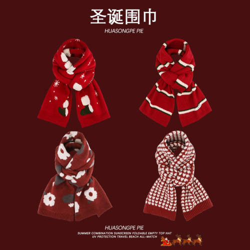 New Year's red knitted Christmas scarf, Korean imitation cashmere elk scarf, warm winter wear, Christmas shawl for couples