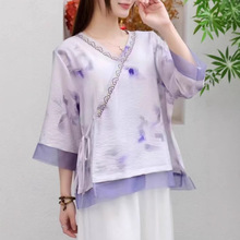 实拍2025新款中国风印花唐装仙气禅服茶服中式女装古风上衣V领T恤