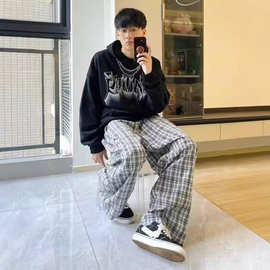 春季韩版新款显瘦长裤格子ins中腰休闲裤直筒宽松百搭休闲运动裤