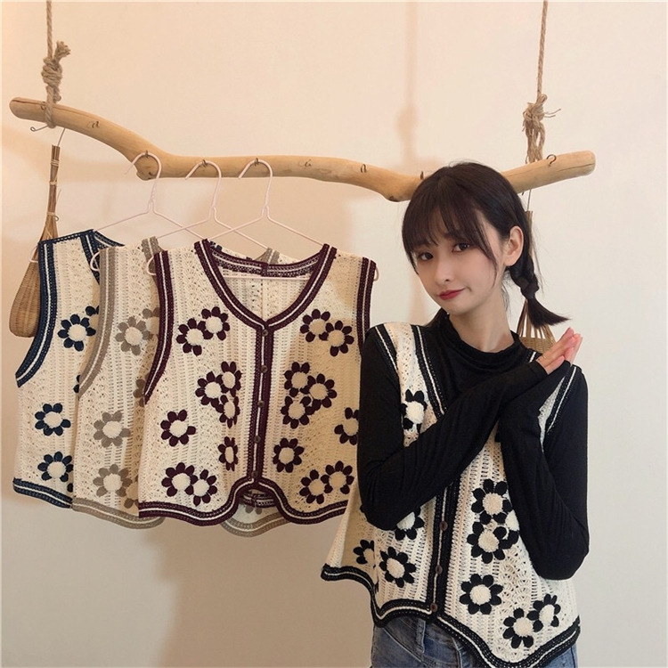 Embroidered Vest, Short Cardigan, V-Neck, Hollow-Out Sleeveless Embroidered Knit Top, Women's Jacket, Vintage Style Embroidered Vest, Short Cardigan, V-Neck, Hollow-Out Sleeveless Embroidered Knit Top, Women's Jacket, Vintage Style