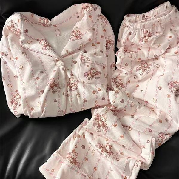 Autumn Princess-Style Girls' Pajamas, Thickened with German Velvet for Warmth and Comfort, Two-Piece Set, Cute Hello Kitty Loungewear