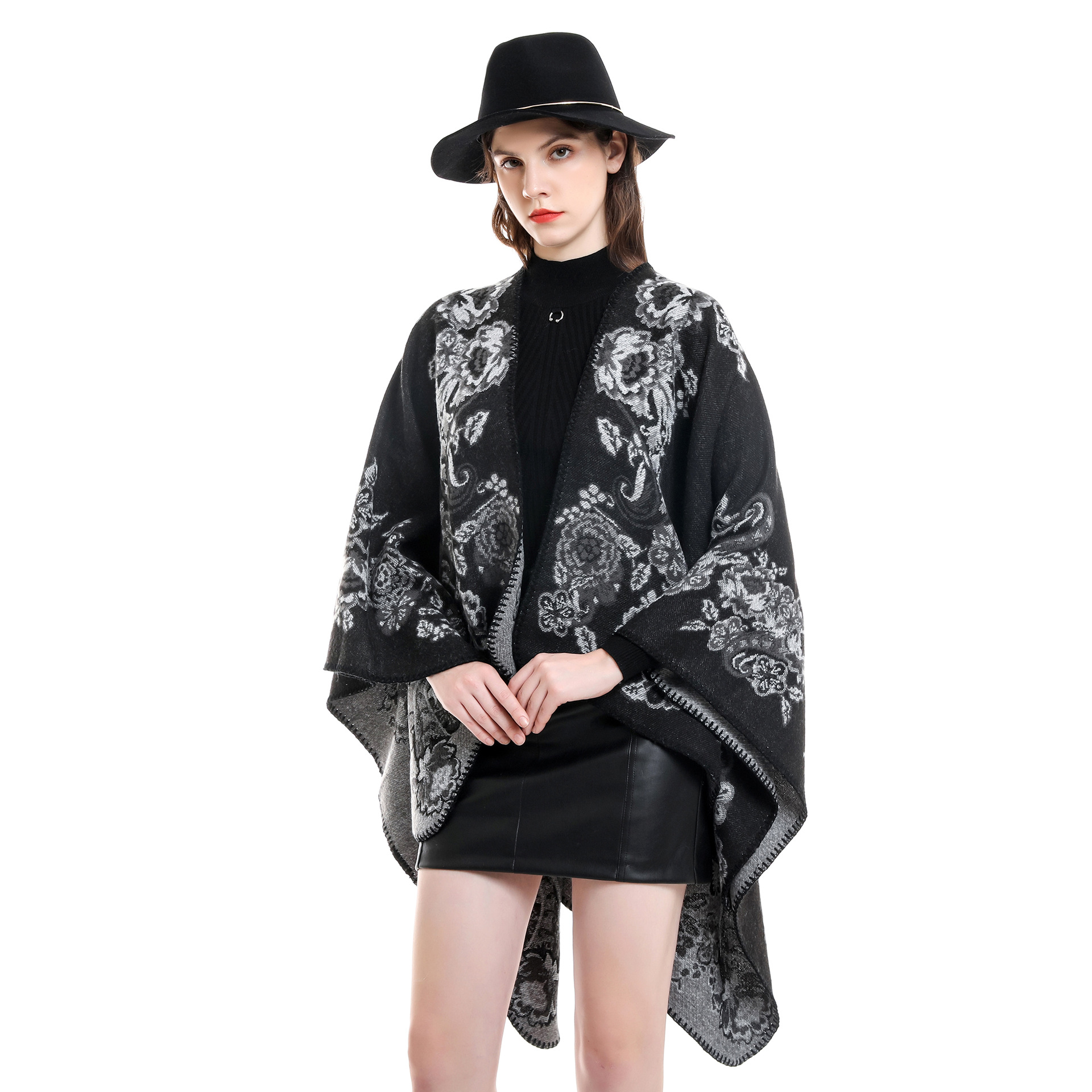 Capa floral de Cachemira como moda gran chal de mujer Otoño e Invierno capa de dos colores cálido