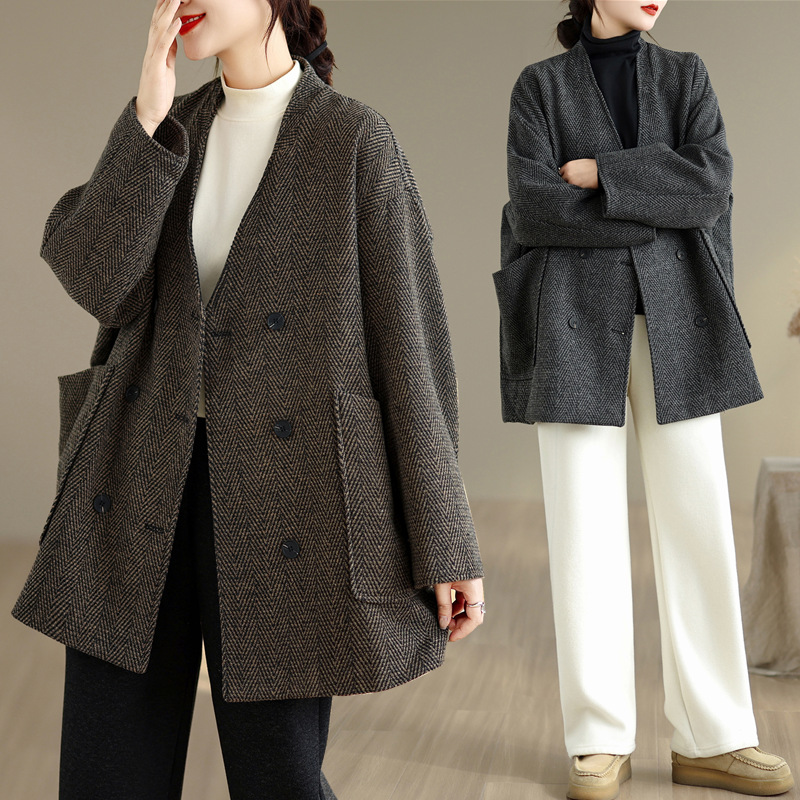 2025冬季新款宽松大码女装日韩V领气质显瘦简约时尚百搭毛呢外套